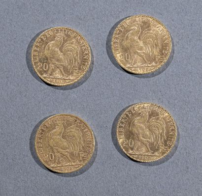 null FRANCE

Lot de quatre pièces de 20 francs or, coq, 1903; 1907 ( 2 ex.); 1908

Poids...