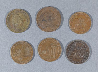 null Lot de 6 jetons de cuivre comprenant : 

- Louis XIV, (Fe 12856)

- Experts...