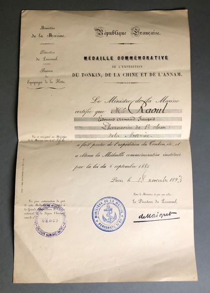 null France

Diploma of the Tonkin expedition medal

Attributed to a pharmacist of...