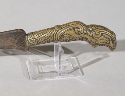 null Asia

Dagger

Brass handle in the shape of a stylized bird screaming, curved...