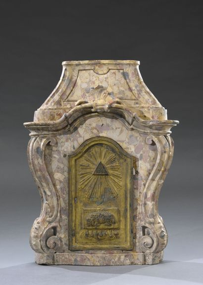 Tabernacle front in molded breccia marble,...