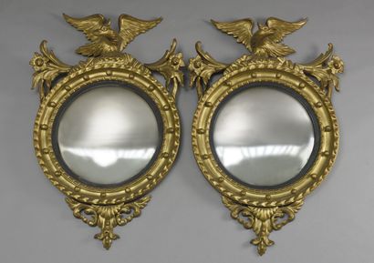 Pair of gilded wood witch mirrors, each surmounted...