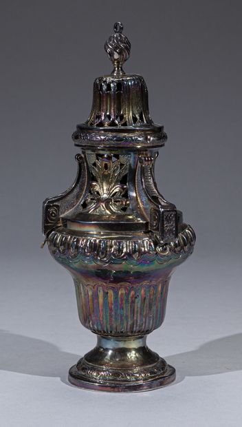 null Silver incense burner of baluster form, the pedestal with ovals, the body fluted...