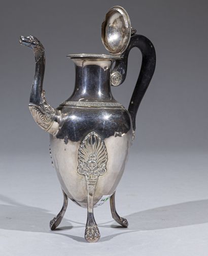 null Small ovoid silver coffee pot, on three claw feet with palmette and mascaron...