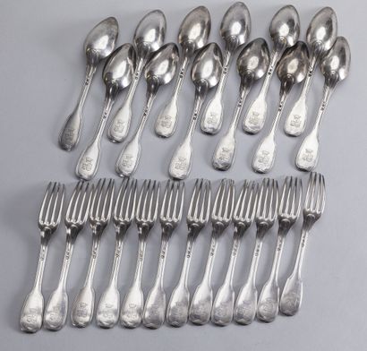 null Suite of twelve silver tableware, model with nets, with the arms of alliance...