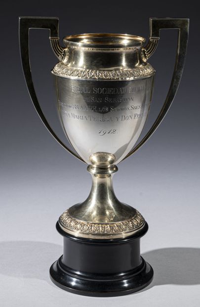 Horse trophy cup with two handles in plain...