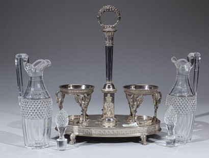 null Important silver oiler, the oval terrace with frieze of interlacing and water...