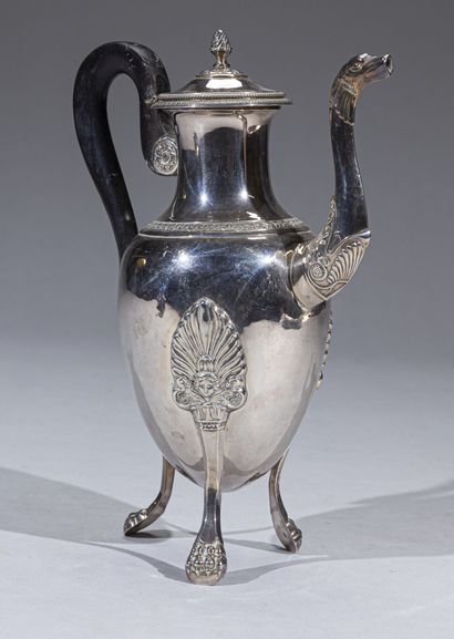 null Small ovoid silver coffee pot, on three claw feet with palmette and mascaron...