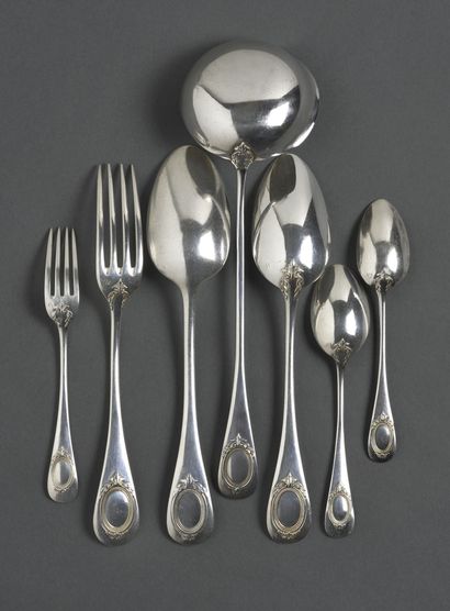 null Part of a silver household set, oval foliated medallion model, fork and spoon...
