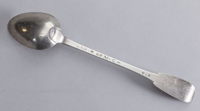 null Stew spoon in plain silver 
Hallmark of Master-born repeated twice, incomplete
18th...