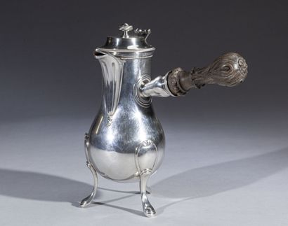 null Baluster coffee pot in plain silver on three cambered feet with escutcheon attachment,...