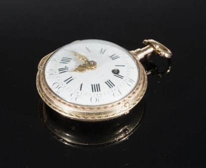 null 18K (750°/°°) yellow gold pocket watch, round dial with white enamel background...