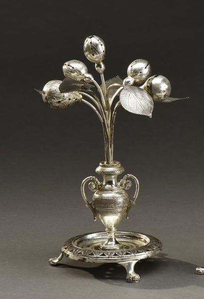 null Silver toothpick holder in the shape of a bouquet of flowers and fruits in an...