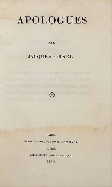 null ORSEL (Jacques). Apologues. Paris, Pesron, Lyon, Babeuf (Imprimerie Louis Perrin),...