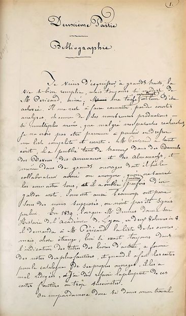 null Manuscript - NIEPCE (Léopold). BIOGRAPHY OF PERICAUD AINE. Lyon, 1880. In folio,...