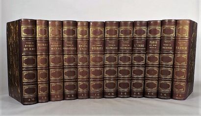 null Voyages - Set of 12 large volumes in-8, uniformly bound in plum half-chagrin,...