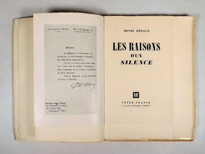 null BERAUD (H). LES RAISONS D'UN SILENCE. Paris, Inter-France, 1944. In-8, broché.
	Edition...