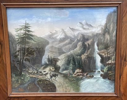 null École suisse XIXe siècle
Colporteur et discussion près de la cascade
Gravure...