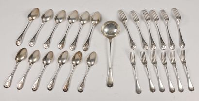 null Set of twelve large silver flatware and a ladle, engraved "A.B." in a medallion

Minerve...