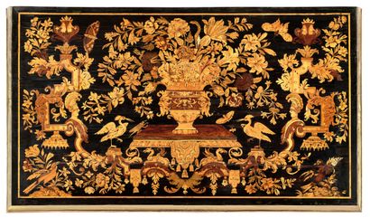 null @ Mazarin-shaped eight-legged desk in marquetry on an ebony base, the front...