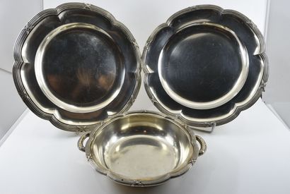 Pair of silver dishes with contoured edges,...