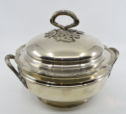 Covered silver vegetable dish with two handles...