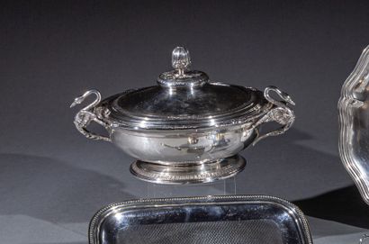 Silver covered vegetable dish on a pedestal,...