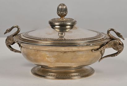 null Silver covered vegetable dish on a pedestal, with chased decoration of palmettes...