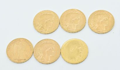 null FRANCE
Ensemble de six monnaies de 20 francs or:
- NAPOLEON III tête nue, 1855...