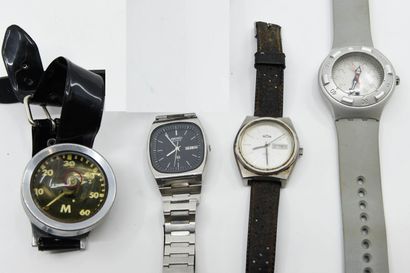 null Lot including four leisure watches of which : SEIKO, SWATCH, GIROR, YCM 
Wear...
