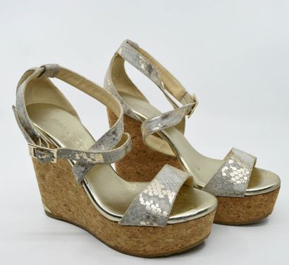 null JIMMY CHOO 
Pair of barefoot sandals in gray gold reptile suede on gold leather...