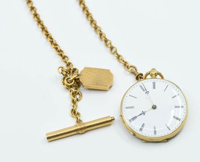 null Pocket watch in 18K (750°/°°) yellow gold, the guilloche back decorated with...