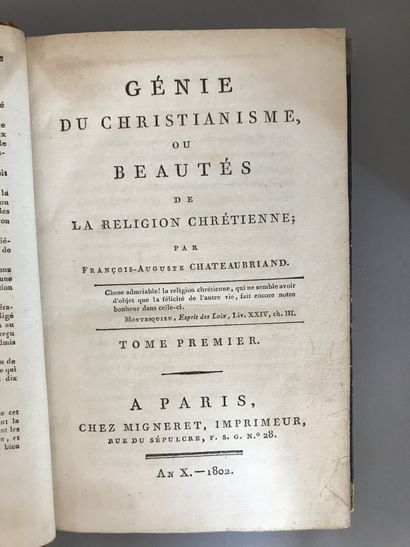 null CHATEAUBRIAND (de) François-René. Génie du Christianisme. Paris. Migneret. 1802....