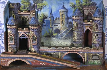 null Château-fort en bois peint, comportant : tourelle, pont-levis, et pont sur rivière....