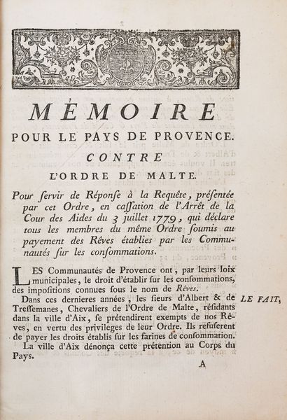 null [Malte]. [PASCALIS - SIMÉON - BARLET - POCHET]. Mémoire pour le pays de Provence,...