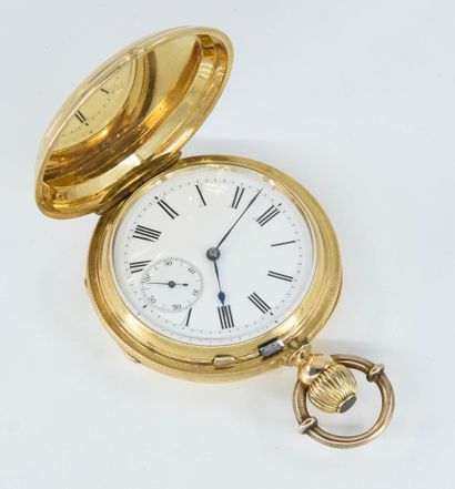 null Montre gousset savonnette en or jaune 18k (750°/°°), cadran à fond émaillé blanc,...