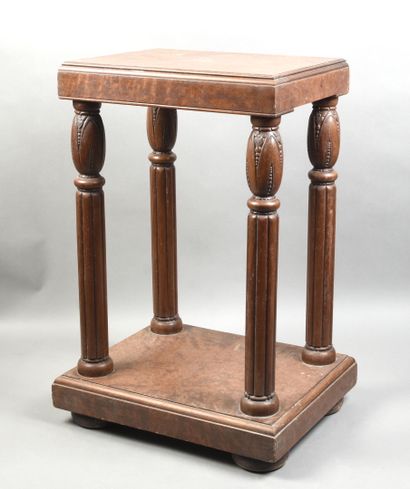 null Mahogany veneer side table with two square tops and a wide grooved top belt....