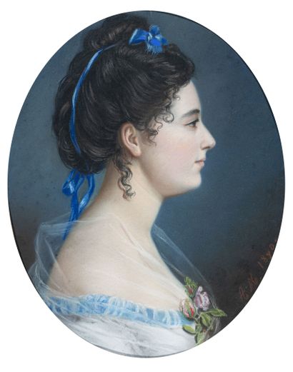 null École FRANCAISE du XIXe siècle
Portrait de femme aux rubans bleus
Pastel, monogrammé...