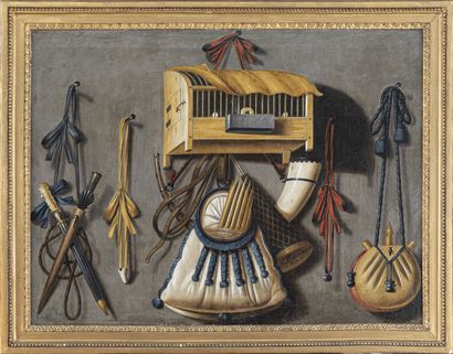 null Johannes LEEMANS (La Haye 1633 - 1688)
Trompe l'oeil aux instruments de chasse
Toile
H....