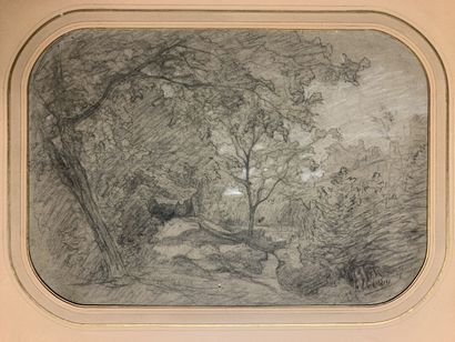 null François VERNAY (1821-1896) 
Bord de rivière arboré
Fusain et rehauts de craie...