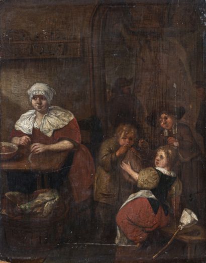 null Suiveur de Cornelis Pietersz BEGA (c.1620/32-1664) 
Scène d'intérieur
Huile...