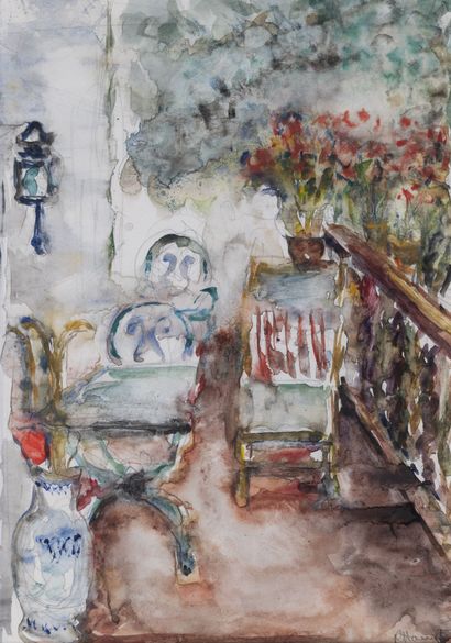 null René HAMIOT (1912-1975)
Terrasse fleurie
Aquarelle, signée en bas à droite 
H.23,5...