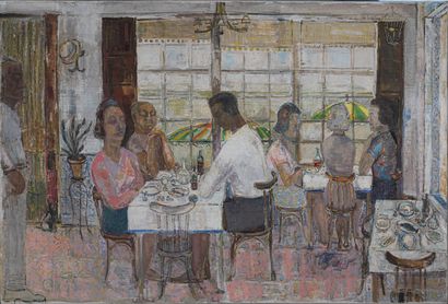 null René HAMIOT (1912-1975)
Au restaurant
Huile sur toile, signée au dos
H. 130...