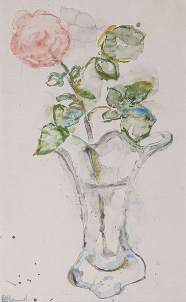 null René HAMIOT (1912-1975)
Rose dans un vase de verre 
Aquarelle, portant le cachet...