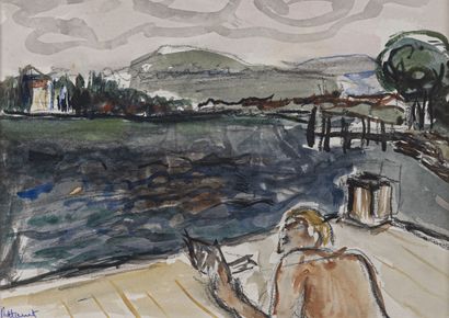 null René HAMIOT (1912-1975)
Lecteur au bord du lac
Aquarelle, encre et fusain, signée...