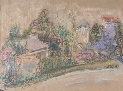 null René HAMIOT (1912-1975)
Les jardins fleuris
Pastel sur papier kraft, portant...