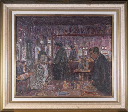 null René HAMIOT (1912-1975)
Repas dans le vieux restaurant
Huile sur toile, portant...