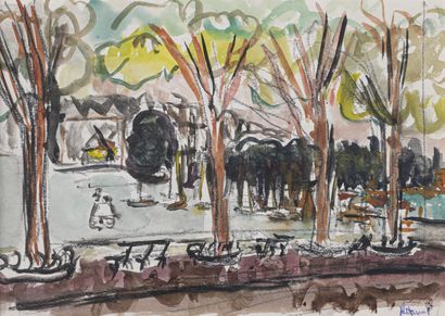 null René HAMIOT (1912-1975)
Le parc 
Aquarelle et encre, signée en bas à droite...