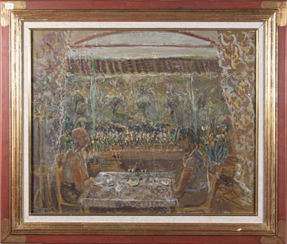 null René HAMIOT (1912-1975)
Le déjeuner sous la tonnelle 
Huile sur toile, portant...