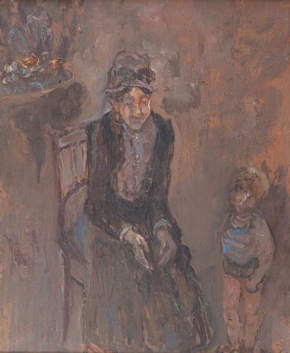 null René HAMIOT (1912-1975)
Grand-mère et son petit-fils 
Huile sur toile, signée...